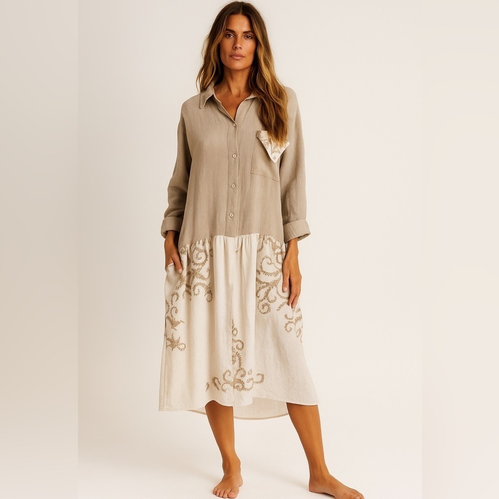 Eddie Bauer 100% Linen Embroidered Button Front Midi Dress Cream Tan Petite XS